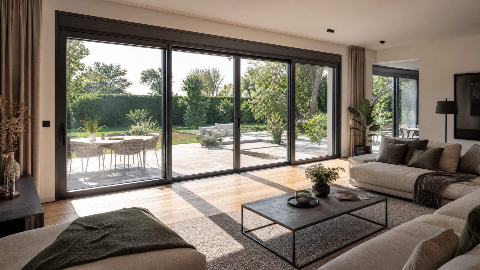 Modernes Wohnzimmer mit großen Fensterflächen und Sonnenschutz
